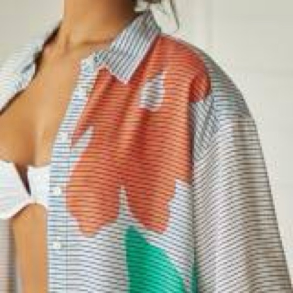 Anthropologie Striped Shirt with Orange and Green Floral Design